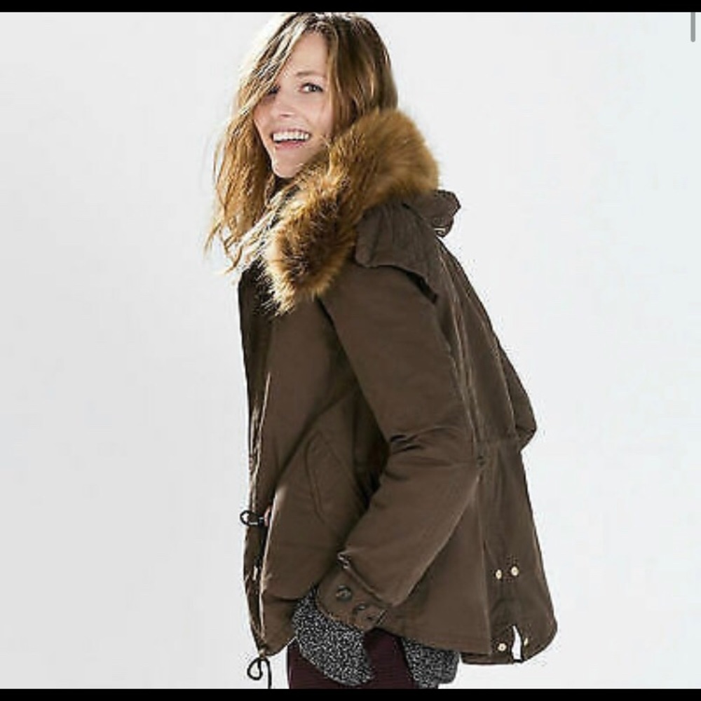 ZARA Cotton Parka in Dark Khaki / Olive Green